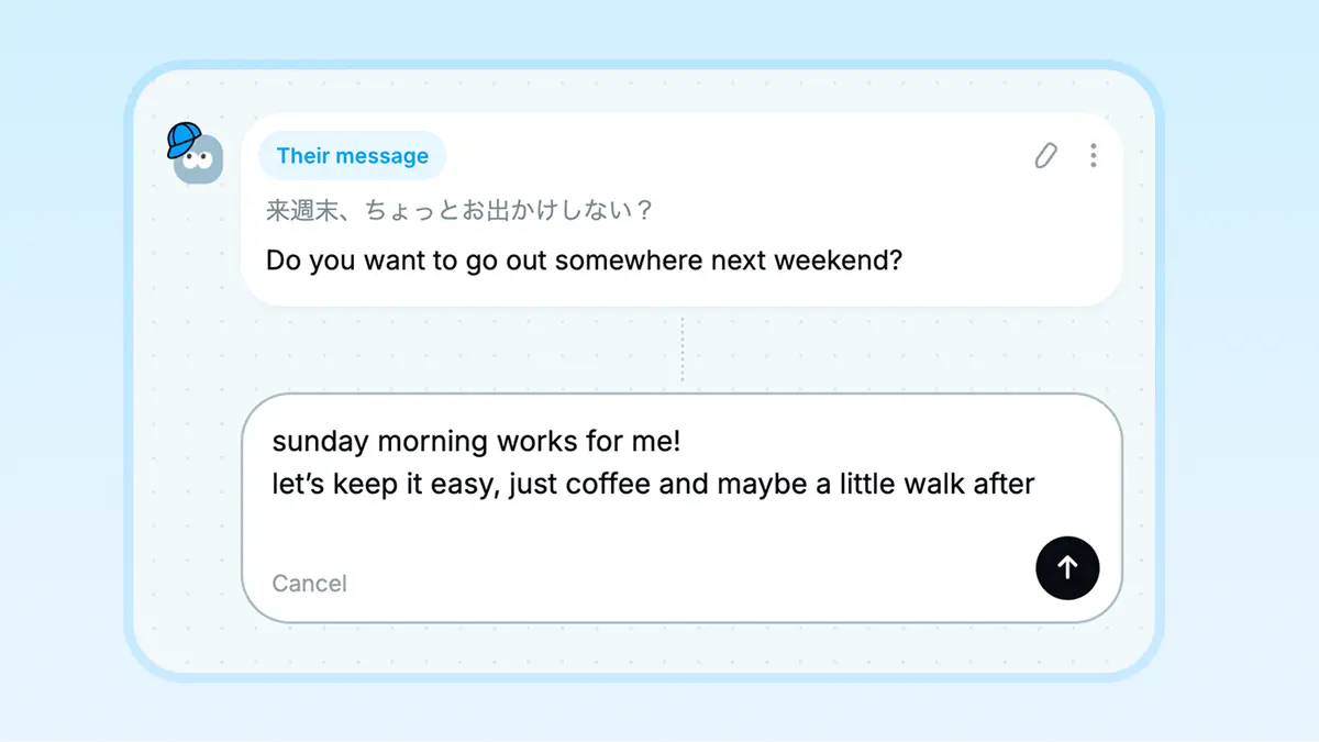 Conversation translation screen with a translated message and reply composer.
