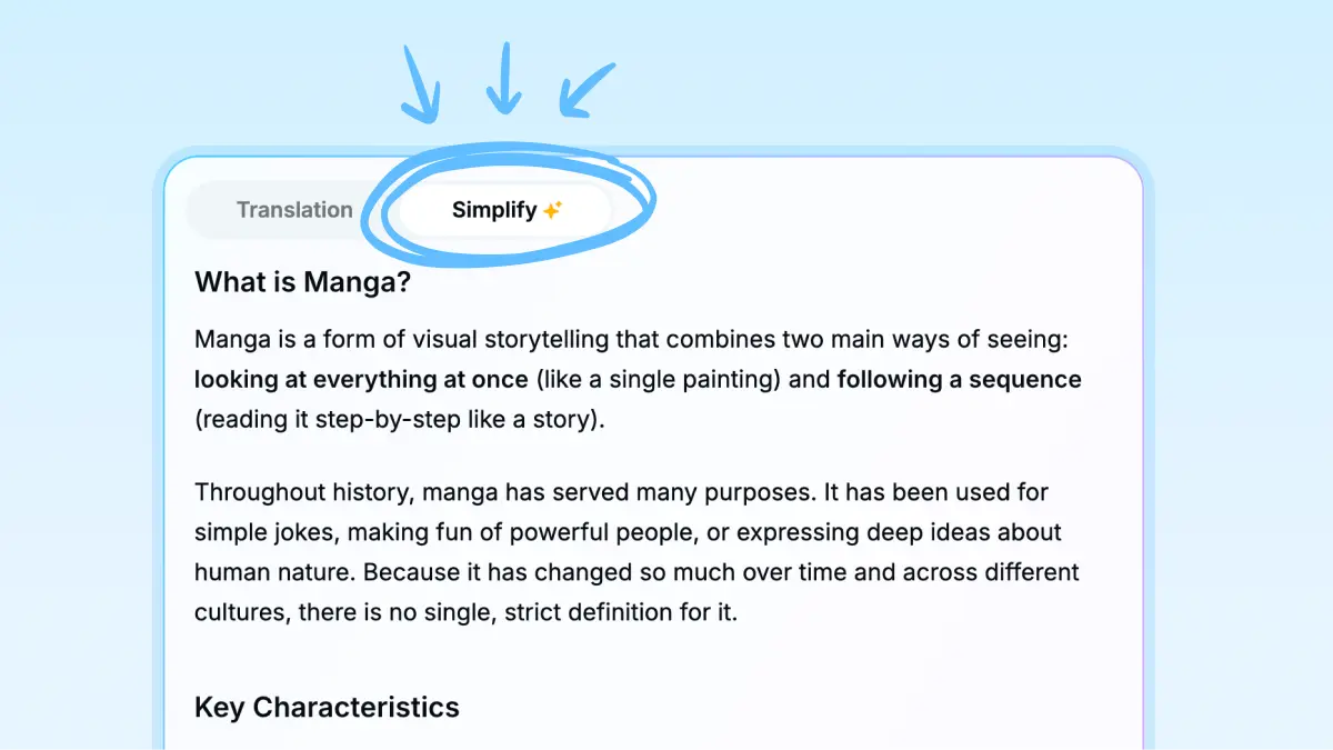 Nani screen showing a simplified summary of a longer translated text.